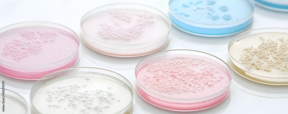 Vibrant Microbial Diversity in Petri Dishes - Captivating Laboratory Cultivation Showcasing Unique Colors Textures and Patterns Under Soft Lighting Vibrant Microbial Diversity in Petri Dishes - Captivating Laboratory Cultivation Showcasing Unique Colors Textures and Patterns Under Soft Lighting