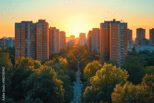 Residential buildings at sunset creating stunning urban landscape