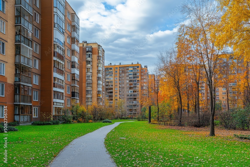 Winding path through lush green park in residential area during autumn Winding path through lush green park in residential area during autumn