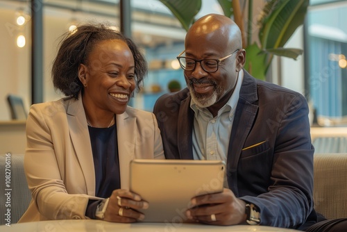 Retirement Planning and Financial LiteracyA happy couple enjoys a moment together, sharing content on a tablet in a modern, well-lit cafe environment.