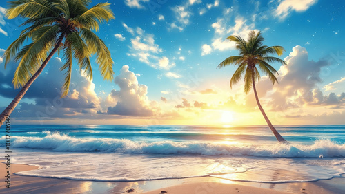Tropical beach sunset with palm trees and ocean waves in a serene atmosphere