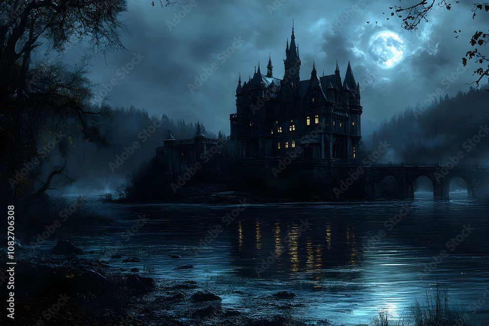 Fototapeta premium Illustration - Gothic Castle Night Moon River Fantasy