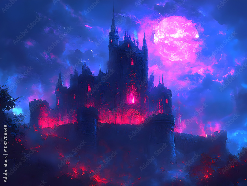 Fototapeta premium Illustration of Gothic Castle, Night, Moon, Fantasy
