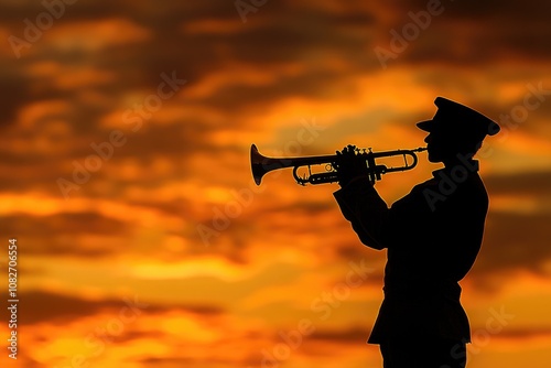 Soldier playing trumpet silhouette at sunset: commemorating fallen heroes photo