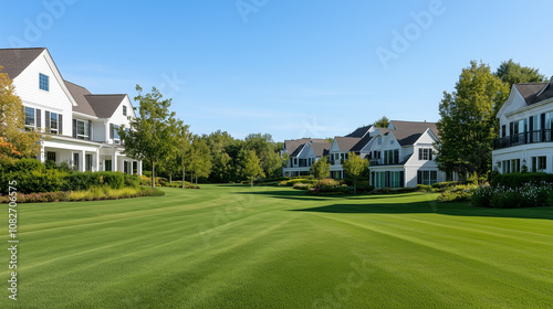 Scenic View of Luxury Homes in a Suburban Area with Beautiful Landscaping