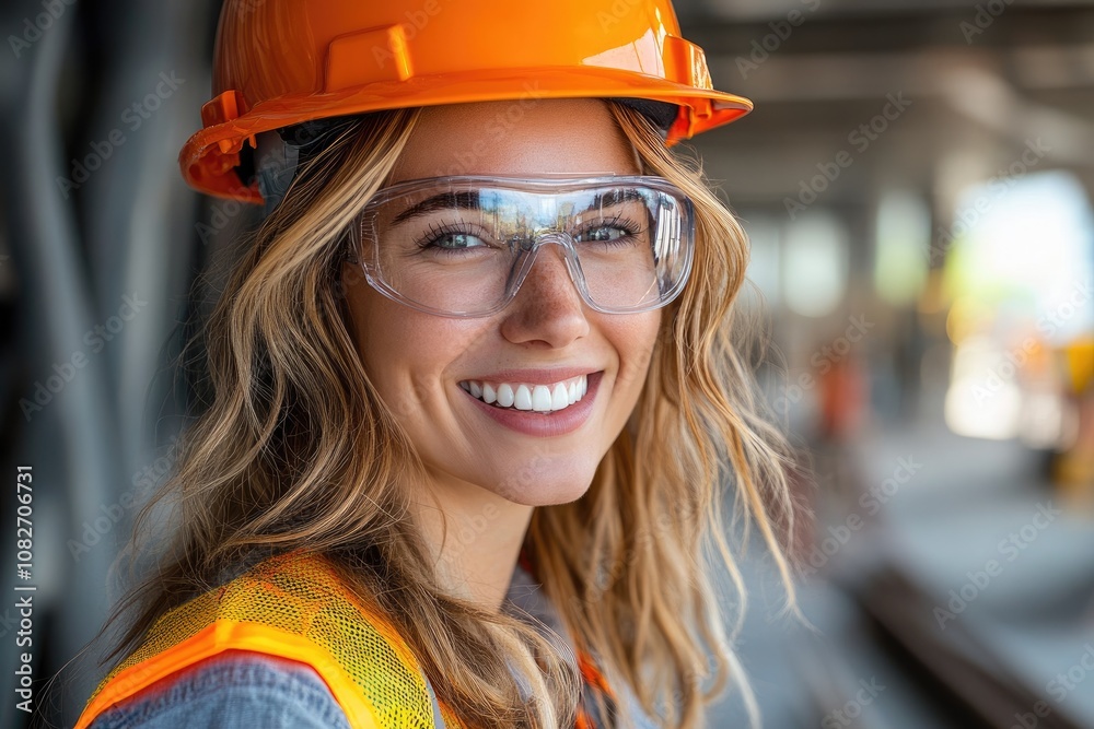 Female construction worker smiling at construction site wearing safety glasses and hardhat Female construction worker smiling at construction site wearing safety glasses and hardhat