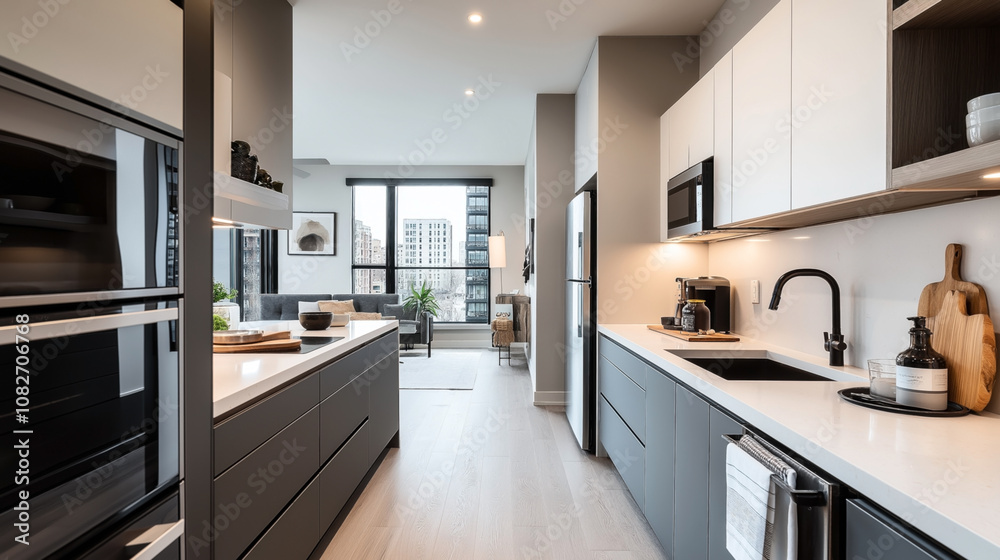 Modern open-concept kitchen and living area with sleek cabinetry, island, built-in appliances, and natural light from large windows overlooking cityscape views.