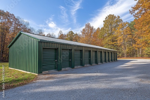 Green self storage units building with multiple garage doors in autumn setting photo