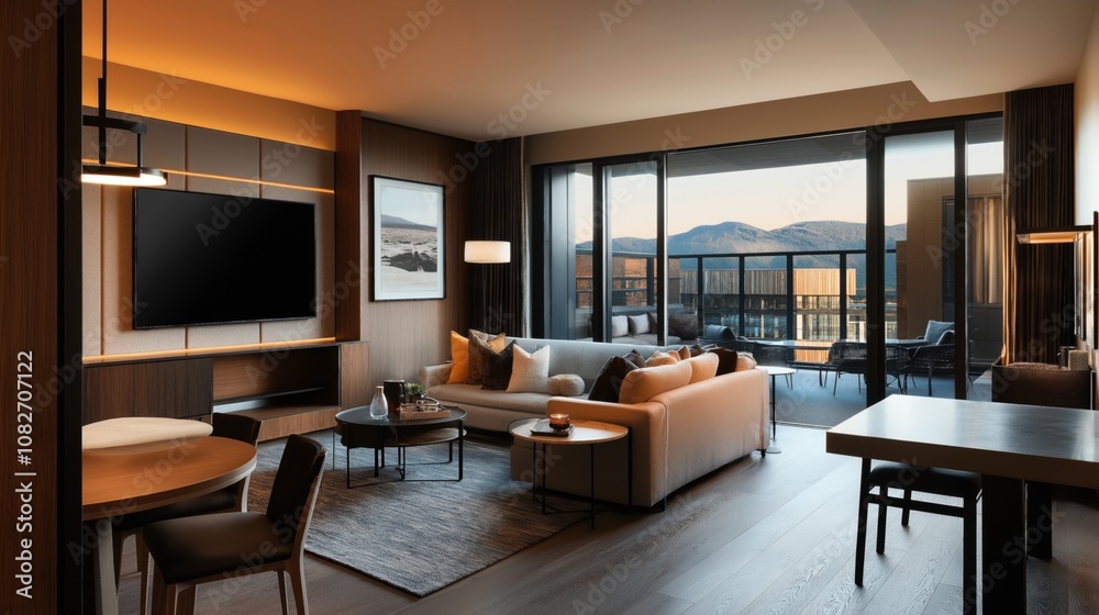 Modern living room with a large sofa, minimalist decor, flatscreen TV, and sliding glass doors leading to a balcony with mountain views. Modern living room with a large sofa, minimalist decor, flatscreen TV, and sliding glass doors leading to a balcony with mountain views.
