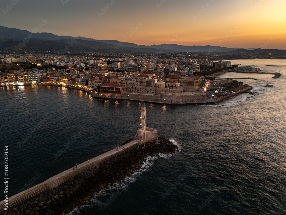 Sunset over Chania, in Crete in Greece. Aerial view of the city Sunset over Chania, in Crete in Greece. Aerial view of the city