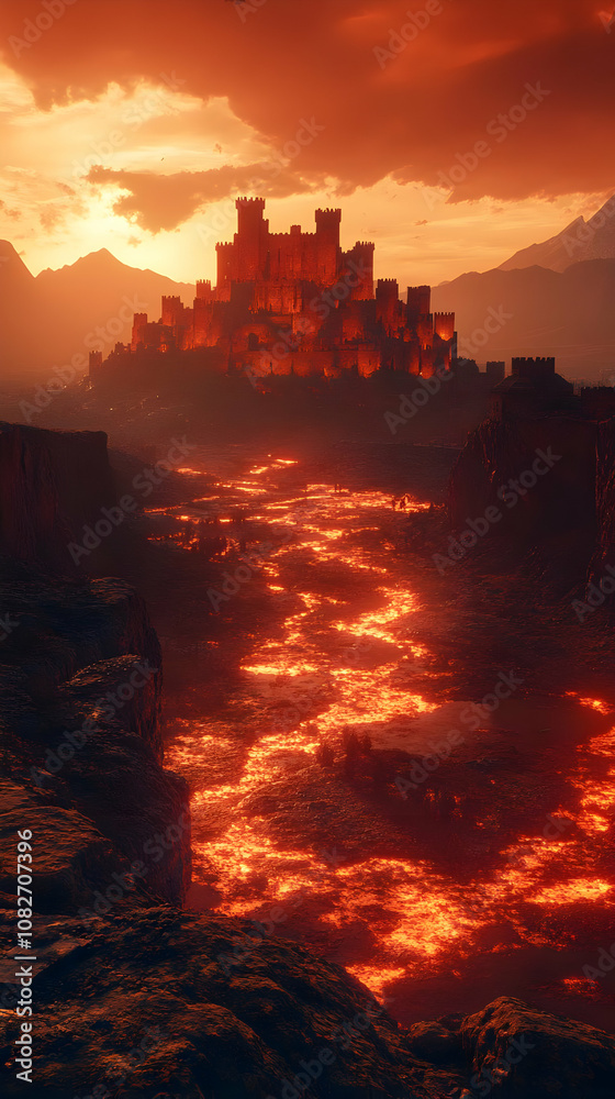 Illustration of Lava River Castle Sunset Fantasy Landscape Illustration of Lava River Castle Sunset Fantasy Landscape
