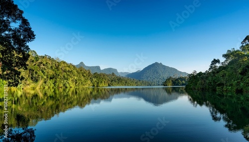 Serene Lake Surrounded by Lush Tropical Rainforest, Reflecting Towering Trees and Distant Mountain Peaks Under a Clear Blue Sky, Captured for a Scenic Nature Landscape