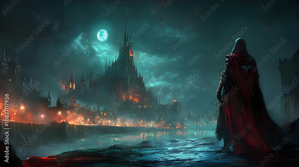 Illustration - Gothic City at Night, Dark Fantasy Scene Illustration - Gothic City at Night, Dark Fantasy Scene