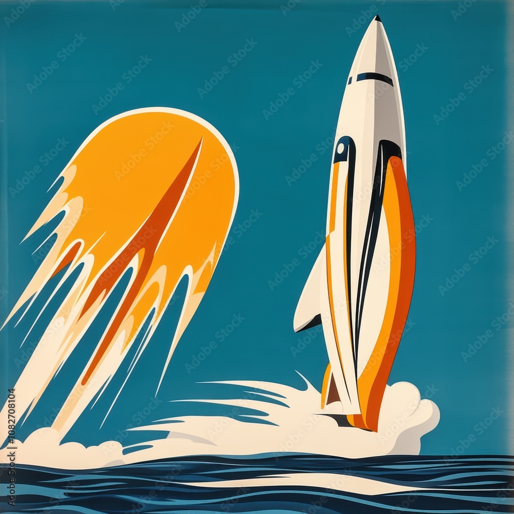 Naklejka premium Retro Rocket Launch Mid Century Space Art Vintage Illustration