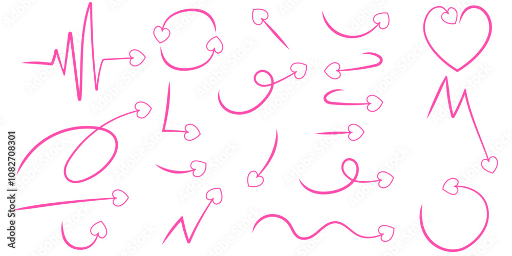 A set of different shapes of red arrows with heart isolated, transparent background vector A set of different shapes of red arrows with heart isolated, transparent background vector