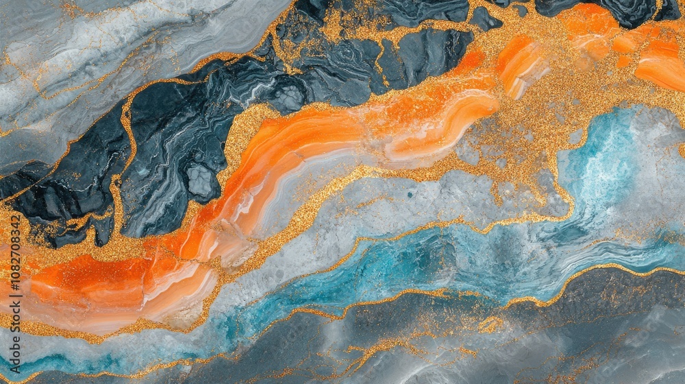 Fototapeta premium Abstract Colorful Fluid Art with Rich Textures in Shades of Blue, Orange, and Gold Blending Seamlessly for a Striking Modern Aesthetic