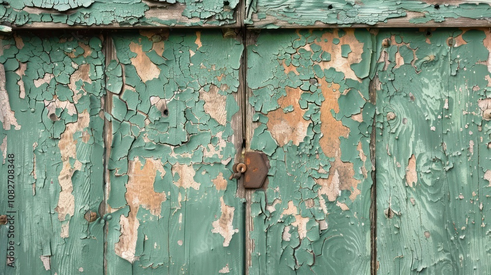 Close-up of a weathered wooden door with peeling green paint and a rusty lock. Close-up of a weathered wooden door with peeling green paint and a rusty lock.