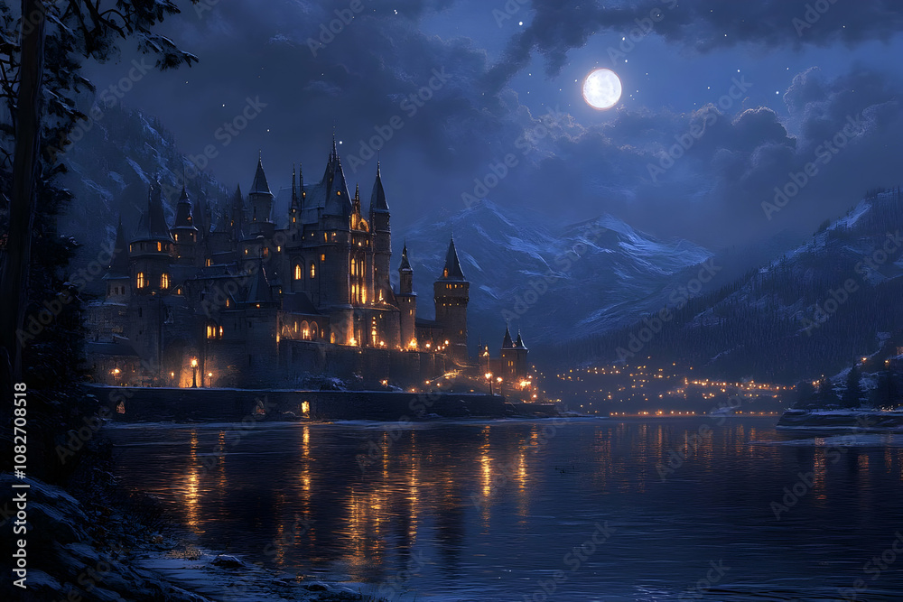 Naklejka premium Illustration - Night Castle, Moonlit Lake, Winter Mountains