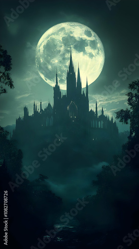 Gothic Castle Illustration, Dark Fantasy Scene with Full Moon