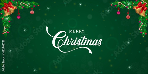 Merry Christmas - Festive Green Background with Ornaments. Christmas Design. Happy Christmas. Poster, Banner, printed. Typography, Typography, 