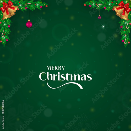 Merry Christmas - Festive Green Background with Ornaments. Christmas Design. Happy Christmas. Poster, Banner, printed. Typography, Typography, 