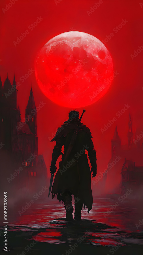 Naklejka premium Illustration - Red Moon, Warrior, Fantasy, Dark, Medieval