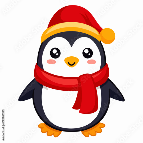 Cute Christmas Penguin with Red Hat and Scarf. Vector Outline of A cute Frosty the Penguin wearing a Santa clause hat 