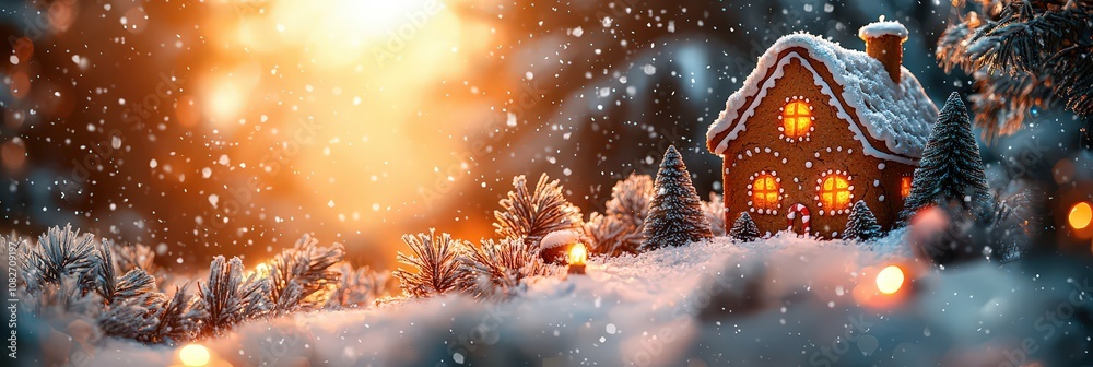 A gingerbread house stands tall against the backdrop of falling snow, with its intricate details and warm hues creating an inviting scene for Christmas and New Year celebrations. A gingerbread house stands tall against the backdrop of falling snow, with its intricate details and warm hues creating an inviting scene for Christmas and New Year celebrations.