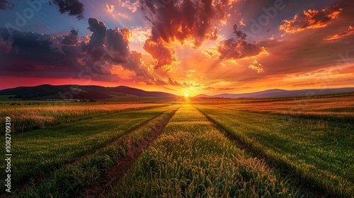 Wallpaper Mural Neatly aligned rows of crops with a vibrant sunset in the background Torontodigital.ca