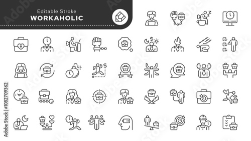 Series - Workaholic and workaholism. Busy, rushed, burnout, tired, overworked and more. Set of line icons in linear style. Outline icons collection. Series of vector pictograms.