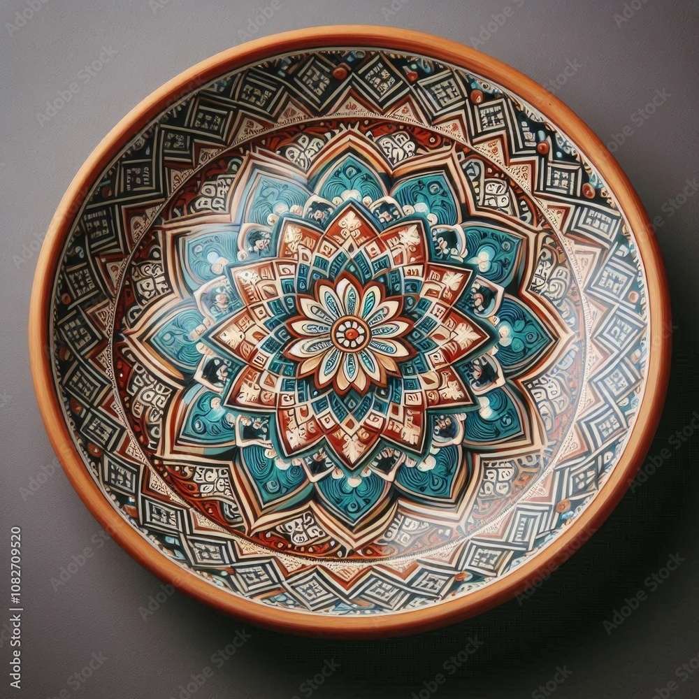 Obraz premium Decorative ceramic plate hand painted with acrylic paints is a handmade piece and is an element of folk art. AI generated.