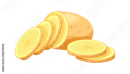 Group of unpeeled potatoes in cartoon style. Vector illustration of fresh and delicious potatoes, half and sliced, isolated on white background. Healthy food. Harvest. Root crops. Starchy vegetables.