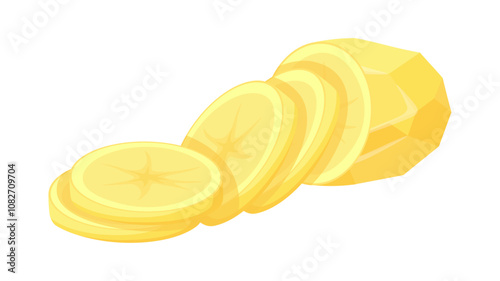 Group of peeled potatoes in cartoon style. Vector illustration of fresh peeled potatoes, half and sliced ​​isolated on white background. Healthy food. Harvest. Root crops. Starchy vegetables. Useful.