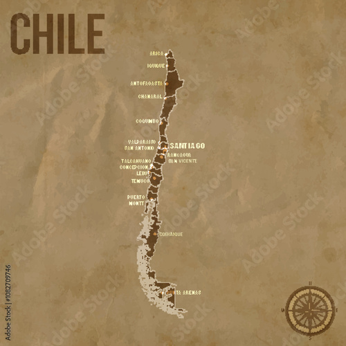 Vintage CHILE Map with Regions Borders and Major Cities Positions