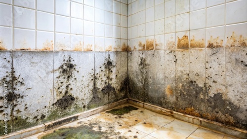 Toxic black mold growing in damp bathroom with dirt and fungus on walls
