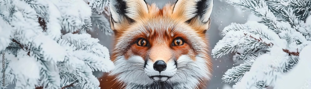 Fototapeta premium A red fox peering curiously through snow-covered underbrush in a serene winter scene