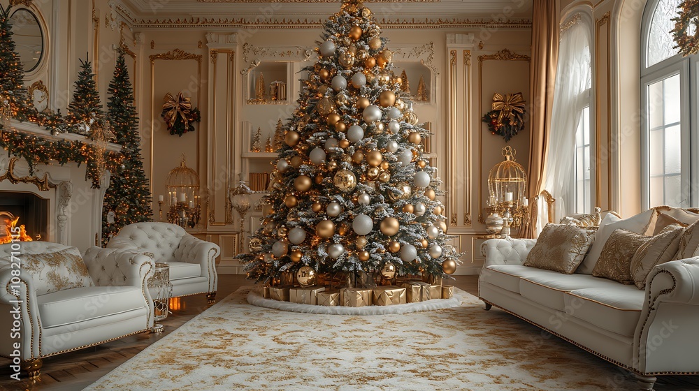 Living room Christmas decor featuring a white and gold color scheme, luxurious furniture, and a large tree with metallic and glass ornaments