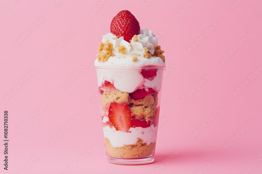 National Parfait Day strawberry shortcake parfait with layers of vanilla yogurt, strawberry compote, and cake crumbles, topped with a fresh strawberry National Parfait Day strawberry shortcake parfait with layers of vanilla yogurt, strawberry compote, and cake crumbles, topped with a fresh strawberry