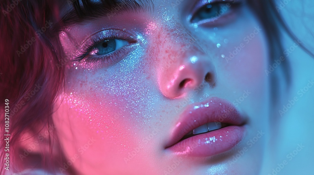 Closeup portrait of a young woman with pink and blue neon lights illuminating her face. Her skin is freckled and glistening with glitter. Closeup portrait of a young woman with pink and blue neon lights illuminating her face. Her skin is freckled and glistening with glitter.