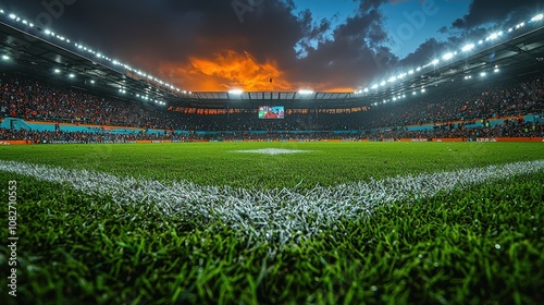 Spectators gather at the stadium during sunset for an exciting soccer match under bright floodlights