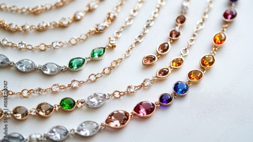 Elegant Collection of Sparkling Necklaces with Colorful Gemstones and Delicate Chains Displayed on Soft Surface for Jewelry Photography Elegant Collection of Sparkling Necklaces with Colorful Gemstones and Delicate Chains Displayed on Soft Surface for Jewelry Photography