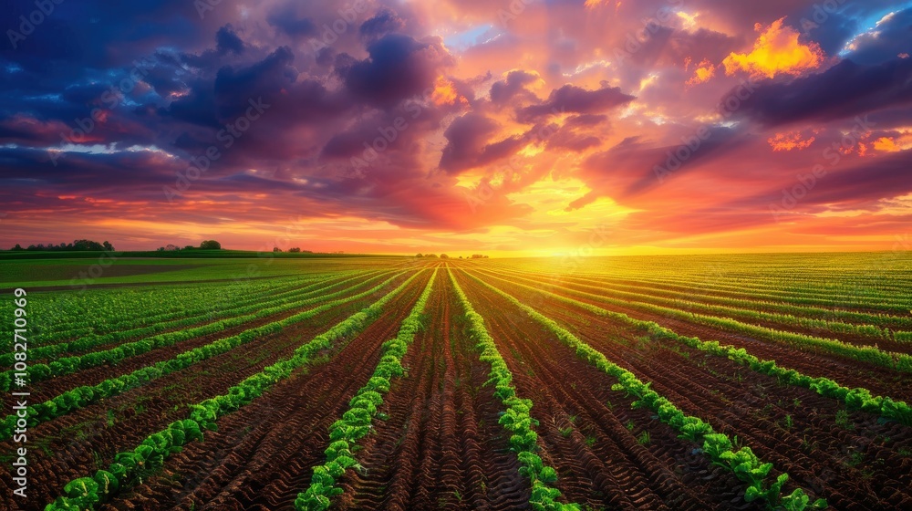 Neatly aligned rows of crops with a vibrant sunset in the background Neatly aligned rows of crops with a vibrant sunset in the background