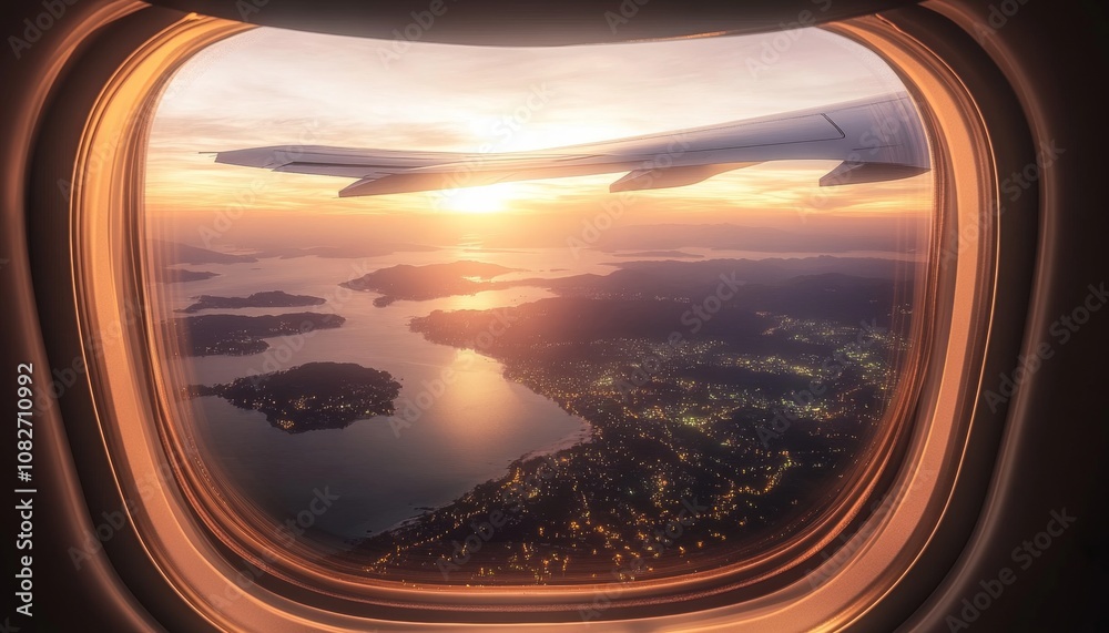Sunset Journey Aerial View From Airplane Window Over Picturesque Coastal Islands With City Lights Sunset Journey Aerial View From Airplane Window Over Picturesque Coastal Islands With City Lights