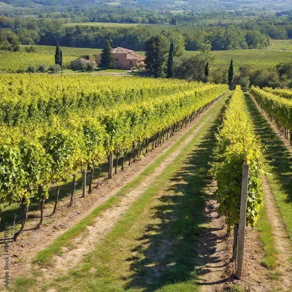 Naklejka premium A scenic vineyard in Tuscany with rolling hills, grapevines, and a charming stone farmhouse