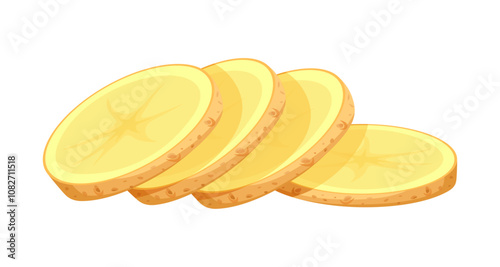 Group of potato slices in cartoon style. Vector illustration of delicious sliced ​​potatoes, unpeeled isolated on white background. Healthy food. Harvest. Root crops. Starchy vegetables.