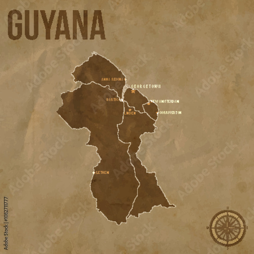 Vintage GUYANA Map with Regions Borders and Major Cities Positions