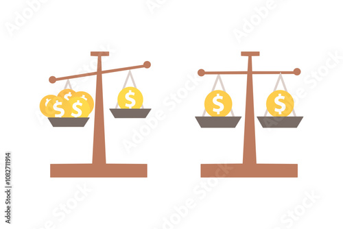 Balance scale with coin dollar set. Business, investment, financial, currency comparison, money measurement, success, banking, profit, wealth concept. Flat vector isolated design illustration.