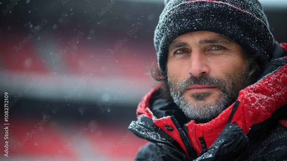 A man in winter attire stands outdoors, snow falling gently around him, during a cold and overcast day at a sports venue A man in winter attire stands outdoors, snow falling gently around him, during a cold and overcast day at a sports venue