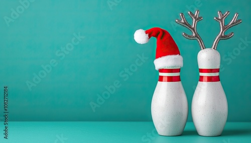 Two bowling pins decorated for Christmas: one adorned with a Santa hat and the other with antlers, standing against a teal backdrop. photo