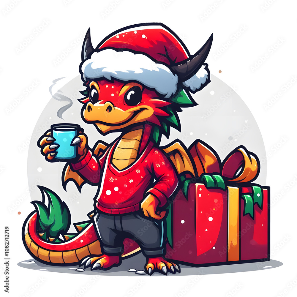 Festive dragon in santa hat enjoying hot drink by gift box Festive dragon in santa hat enjoying hot drink by gift box